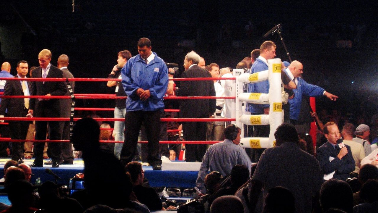 Boxing ring at Madison Square Garden with announcer Jimmy Lennon Jr. and promoter Don King inside the ropes