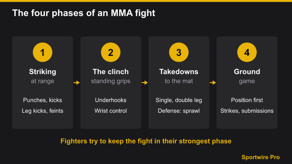 Diagram of the four phases of an MMA fight: striking, clinch, takedowns and ground game
