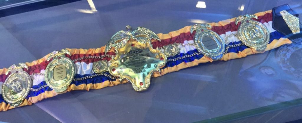 The Ring magazine championship belt on display at a media workout