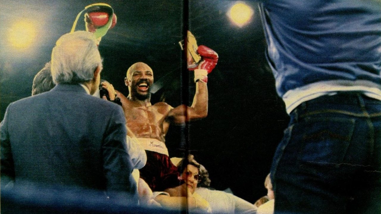 Marvin Hagler celebrating his win over Juan Roldán in a 1984 middleweight title fight