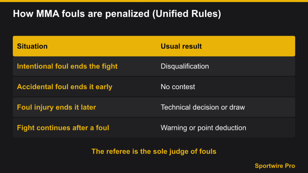 Table of MMA foul situations and their usual results under the Unified Rules