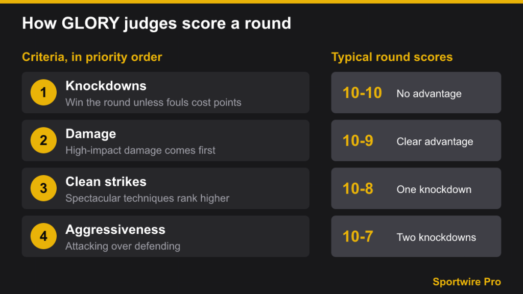 GLORY scoring criteria in priority order next to typical round scores from 10-10 to 10-7