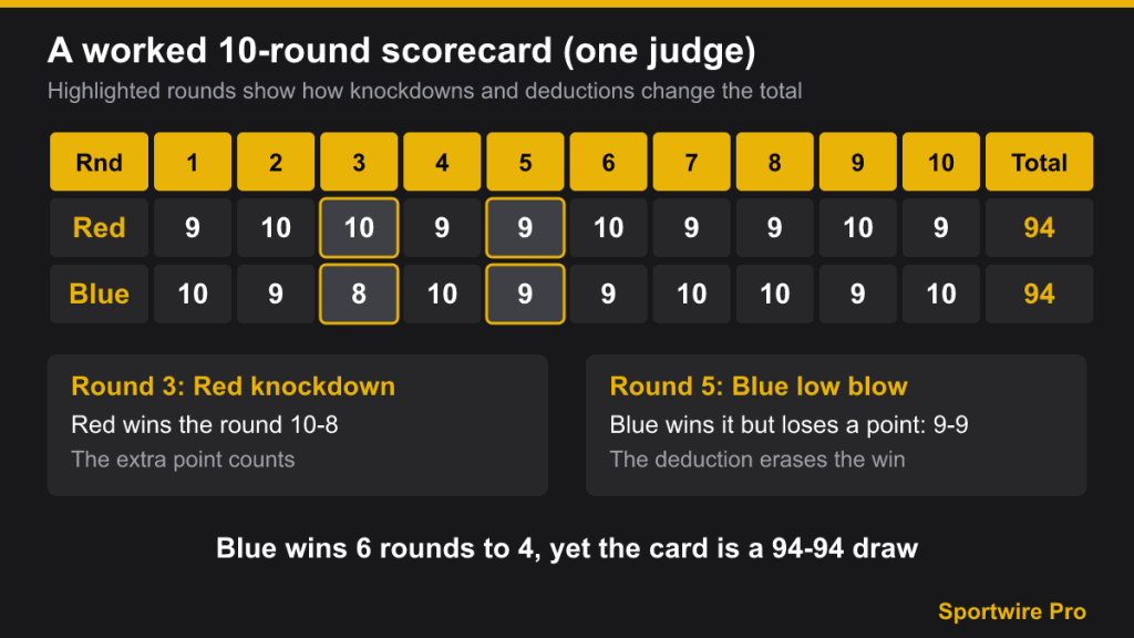 Ten-round scorecard showing a 94-94 draw after a knockdown round and a point deduction