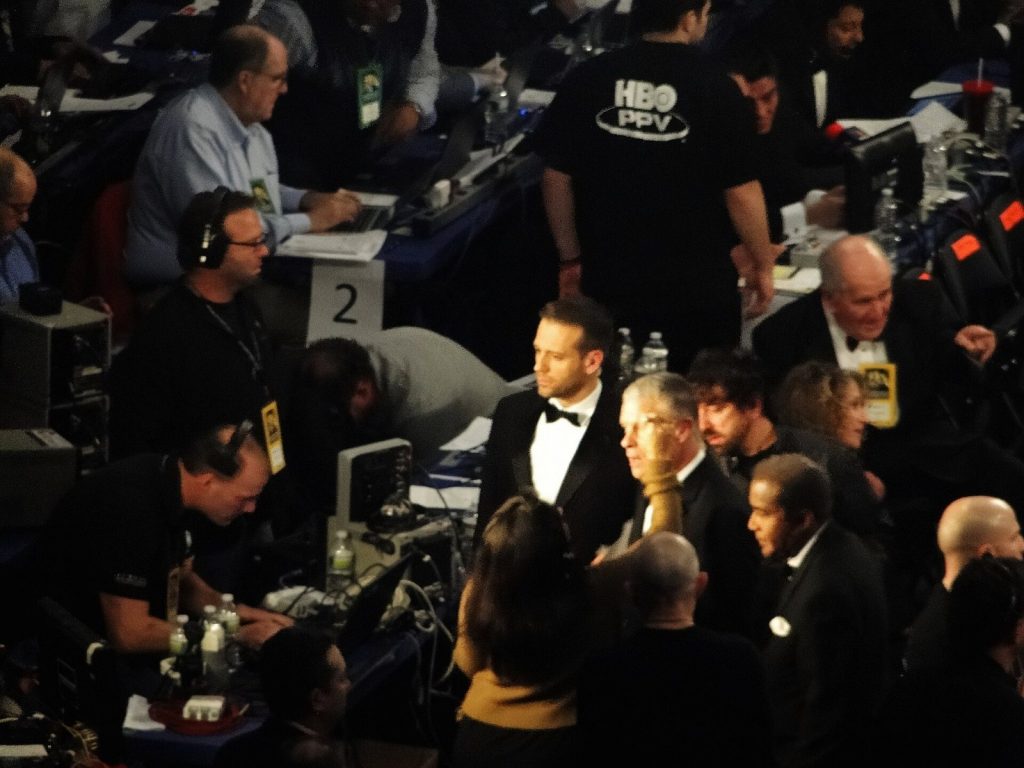 HBO broadcasters Max Kellerman, Jim Lampley and unofficial scorer Harold Lederman at ringside at Madison Square Garden