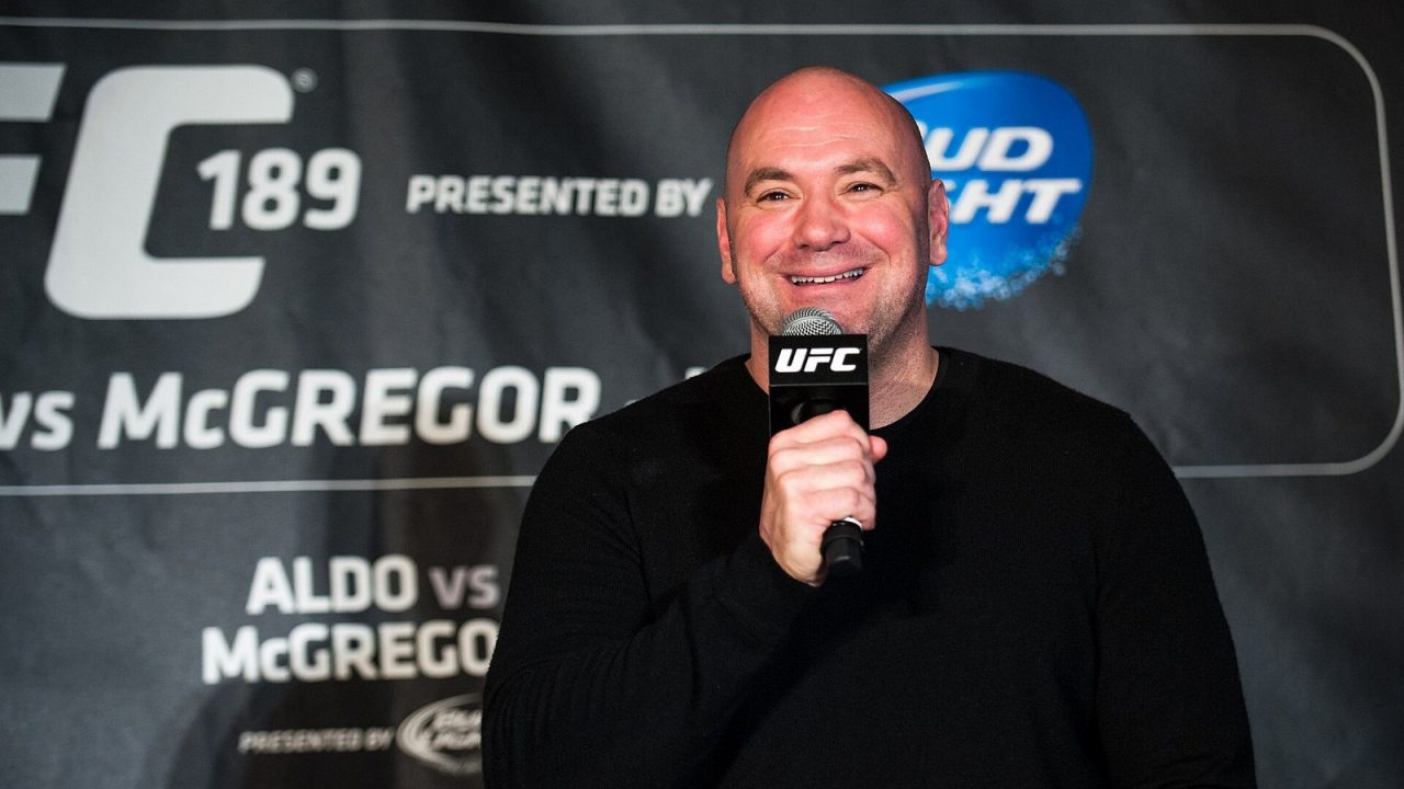 UFC president Dana White speaking on stage during the UFC 189 world tour in London, 2015