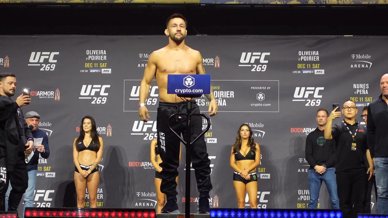 Bantamweight Pedro Munhoz on stage at the UFC 269 weigh-in