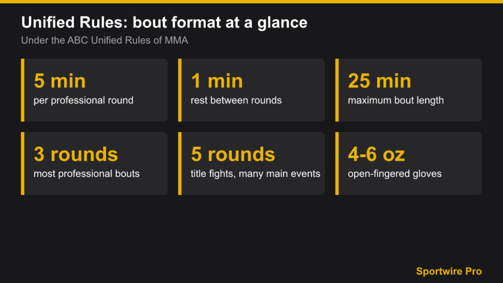 Infographic tiles: 5-minute rounds, 1-minute rest, 25-minute maximum, 4-6 oz gloves
