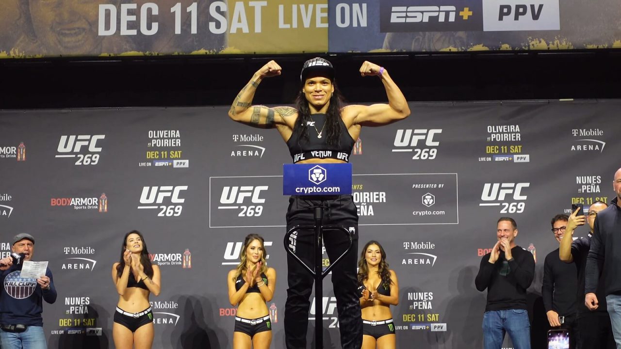 Amanda Nunes on stage at the UFC 269 ceremonial weigh-in